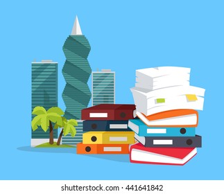 Offshore companies, panamanian documents, jornalistic inestigation. Panama papers folder document. Tax haven offshore company business people owners. Taxes are levied at low rate. Vector illustration