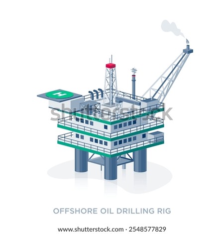 Offshore crude oil drilling rig platform facility on the sea. Petrochemical heavy gasoline production industry. Flat isolated vector illustration on white background in isometric dimetric style.