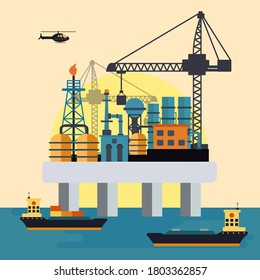 Extracción y refinería de petróleo crudo en alta mar, transporte. plataforma de perforación de plataforma de perforación de pozos de agua Ilustración. Concepto de la industria petrolera vectorial. 
