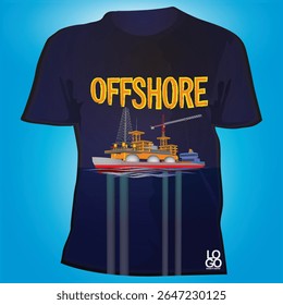 Projeto de camiseta com vetor em alto-mar. Com esquema moderno de cor azul. Perfeito para lembrança da equipe de treinamento da tripulação do mar profundo ou prêmio de segurança para a mineração offshore.