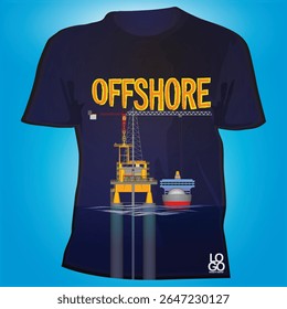 Projeto de camiseta com vetor em alto-mar. Com esquema moderno de cor azul. Perfeito para lembrança da equipe de treinamento da tripulação do mar profundo ou prêmio de segurança para a mineração offshore.