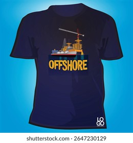Projeto de camiseta com vetor em alto-mar. Com esquema moderno de cor azul. Perfeito para lembrança da equipe de treinamento da tripulação do mar profundo ou prêmio de segurança para a mineração offshore.