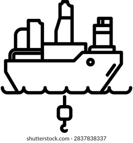 Offshore drill ship oil rig vessel thin line icon.