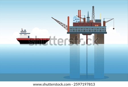 Offshore drilling, Oil mining in the ocean vector illustration, Offshore Oil Rig distribution, Oil Rig and Supply Ship in Rough Sea, mining and energy industry