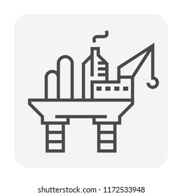 Offshore drilling platform vector icon. Industrial machine, equipment with drilling rig for produce fossil fuel, crude oil, natural gas, resource from oil well. By exploration, extraction, production.