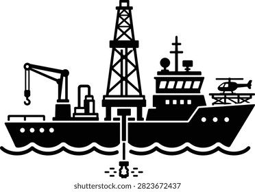 Offshore Drilling Vessel with Oil Rig Platform Icon Isolated on White Background
