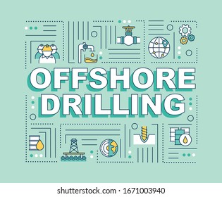 Offshore drilling word concepts banner. Oil rig construction. Petroleum extraction. Infographics with linear icons on mint background. Isolated typography. Vector outline RGB color illustration