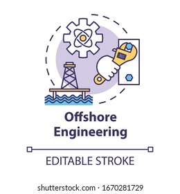 Offshore engineering concept icon. Oil rig maintenance work. Marine structure build. Water construction idea thin line illustration. Vector isolated outline RGB color drawing. Editable stroke