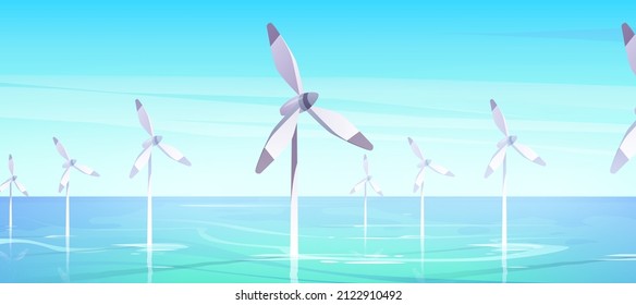 Offshore farm with windmills in water, alternative wind energy generation with turbines in sea or ocean, renewable green sustainable power, save planet environment concept, Cartoon vector illustration
