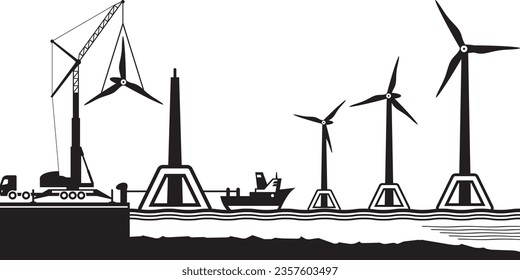 Bau von schwimmenden Offshore-Windparks - Vektorgrafik