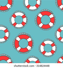 Offshore hand drawn seamless pattern seaman. Doodle marine background. A lot of lifebuoys backdrop vector