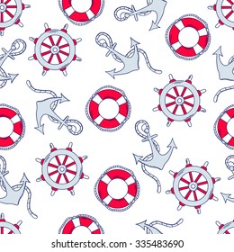 Offshore hand drawn seamless pattern vector. Doodle marine background. Backdrop with lifebuoys and marine anchors icons. Decorative wallpaper, good for printing