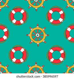 Offshore hand drawn seamless pattern. Colorful marine background. Backdrop with lifebuoys and marine helm icons set. Decorative wallpaper, good for printing