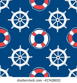 Offshore hand drawn seamless pattern seaman. Doodle marine background. Buoys and marine steering wheels backdrop vector