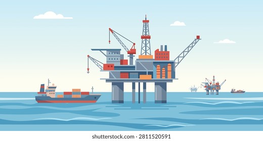 Offshore oil drilling platform with cargo ships industrial energy production illustration flat vector isolated coastal seascape background engineering petroleum infrastructure concept design