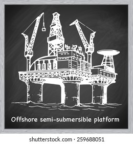 Offshore oil drilling platform. EPS10 vector illustration in a sketchy style imitating scribbling on the blackboard.