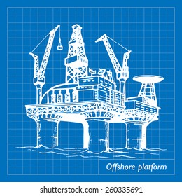 Offshore oil drilling platform. EPS10 vector illustration imitating blueprint style scribbling with white marker.