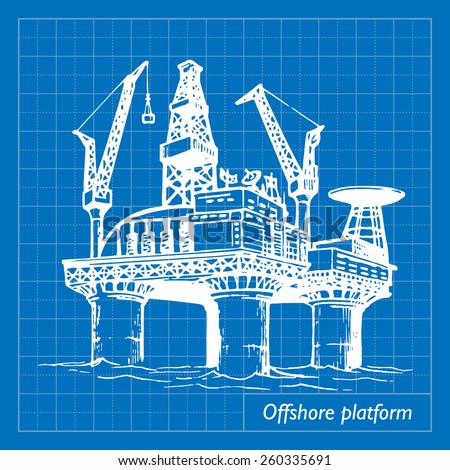Offshore oil drilling platform. EPS10 vector illustration imitating blueprint style scribbling with white marker.