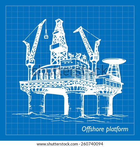 Offshore oil drilling platform. EPS10 vector illustration imitating blueprint style scribbling with white marker.