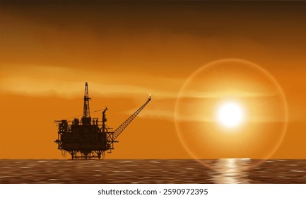 Offshore oil drilling rig, platform. Background colorful sunset sky. Offshore crude oil production, industry, business. Silhouette, seascape and sun. Carbon energy. Vector illustration