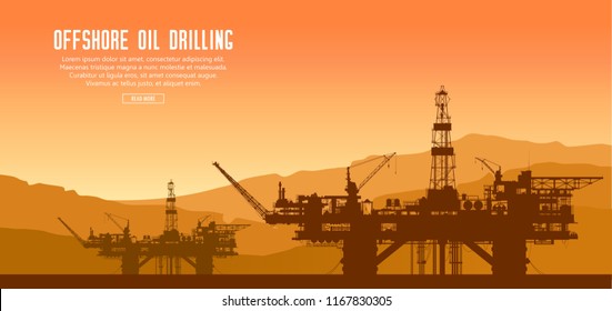 Offshore oil drilling rigs at sunset in the sea. Crude oil extraction and refining. Vector industrial landscape.