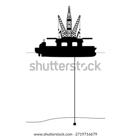 Offshore oil drillship floating rig silhouette for deep water extraction graphic illustration