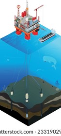 Offshore oil and gas platform infographic. Deep water drilling. Oil tanker.