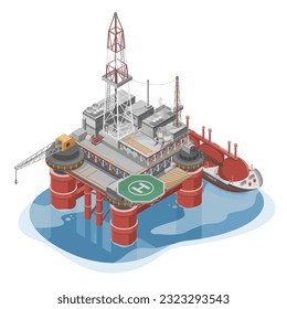 Offshore Oil and gas Rig Drilling Facility and ship Cartoon Illustration Infographic of Oil Industry in ocean red color isolated top view vector 