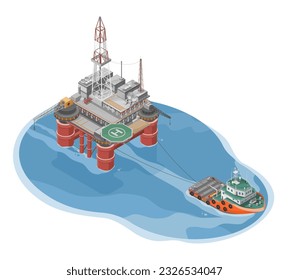 Offshore Oil and gas Rig Drilling Facility moving and tow by Platform supply vessel boat Offshore Services Cartoon Illustration Infographic of Oil Industry in ocean isolated top view vector 