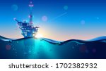 Offshore Oil or Gas Rig in sea at sunset time. industry drill platform in ocean. Water with underwater bubbles with sunrise on horizon. subsea marine landscape. Mining petroleum.