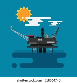 Offshore oil platform in the blue ocean. Flat style vector illustration concept