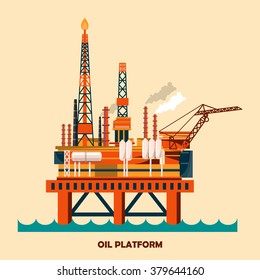 Offshore oil platform design concept set with petroleum. Helipad, cranes, derrick, hull column, lifeboat, workshop, manifold, gas lift module. Vector illustration