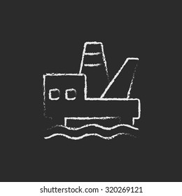Offshore oil platform hand drawn in chalk on a blackboard vector white icon isolated on a black background.