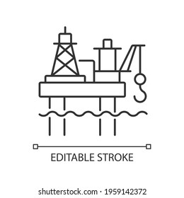 Offshore oil platform linear icon. Offshore drilling rig. Oil and gas extraction deep underwater. Thin line customizable illustration. Contour symbol. Vector isolated outline drawing. Editable stroke
