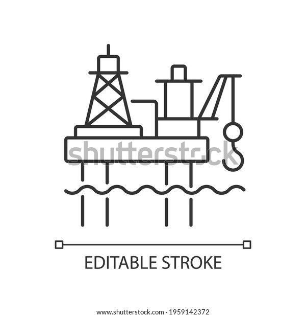 Offshore oil platform linear icon. Offshore\
drilling rig. Oil and gas extraction deep underwater. Thin line\
customizable illustration. Contour symbol. Vector isolated outline\
drawing. Editable\
stroke