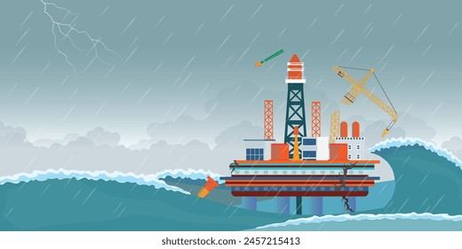 Offshore-Ölplattform im Meerwasser während des dunklen bewölkten Tages, mit hohen Wellen und Sturm, Ölbohrplattformen in Sturm, Vektorillustration.