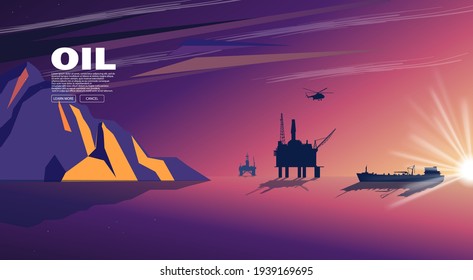 Offshore oil platforms in the sea against the backdrop of sunset. Vector banner