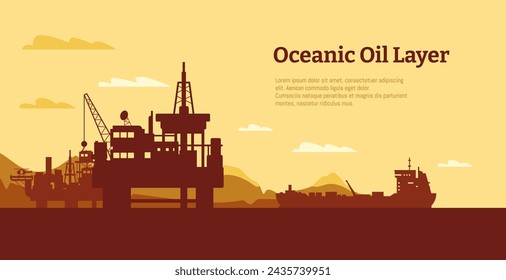 Offshore oil rig background. Oil platform with derrick and crane, oil and gas extraction industrial concept. Vector illustration of industry oil rig platform, offshore drilling