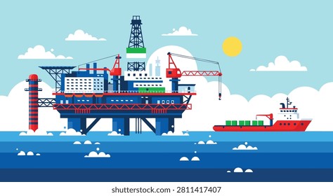 Offshore oil rig with cargo ship in ocean