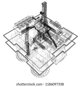 Concepto de plataforma de perforación de plataforma petrolera marina. Vector de renderizado 3D. Estilo de marco de alambre. Las capas de líneas visibles e invisibles están separadas