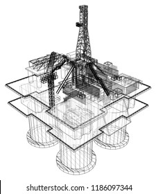 Offshore oil rig drilling platform concept. Vector rendering of 3d. Wire-frame style. The layers of visible and invisible lines are separated