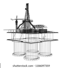 Konzept der Bohrplattform für Offshore-Ölbohrungen Vektorgrafik von 3d. Wire-Frame-Stil. Die Schichten sichtbarer und unsichtbarer Linien sind getrennt