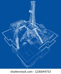 Offshore oil rig drilling platform concept. Vector rendering of 3d. Wire-frame style. The layers of visible and invisible lines are separated