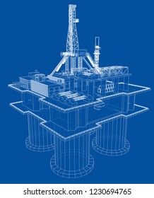 Offshore oil rig drilling platform concept. Vector rendering of 3d. Wire-frame style. The layers of visible and invisible lines are separated