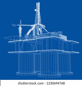 Offshore oil rig drilling platform concept. Vector rendering of 3d. Wire-frame style. The layers of visible and invisible lines are separated