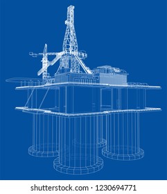 Offshore oil rig drilling platform concept. Vector rendering of 3d. Wire-frame style. The layers of visible and invisible lines are separated