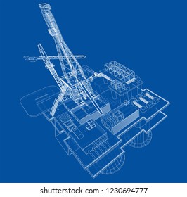 Offshore oil rig drilling platform concept. Vector rendering of 3d. Wire-frame style. The layers of visible and invisible lines are separated