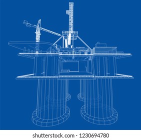 Offshore oil rig drilling platform concept. Vector rendering of 3d. Wire-frame style. The layers of visible and invisible lines are separated
