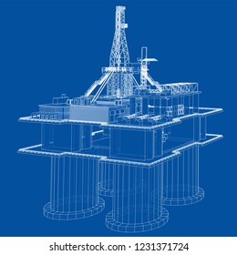 Offshore oil rig drilling platform concept. Vector rendering of 3d. Wire-frame style. The layers of visible and invisible lines are separated