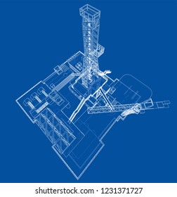 Offshore oil rig drilling platform concept. Vector rendering of 3d. Wire-frame style. The layers of visible and invisible lines are separated